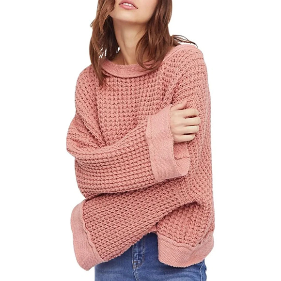 Free People Maybe Baby Chunky Crochet Knit Sweater Oversized Pink Fisherman - Picture 1 of 8